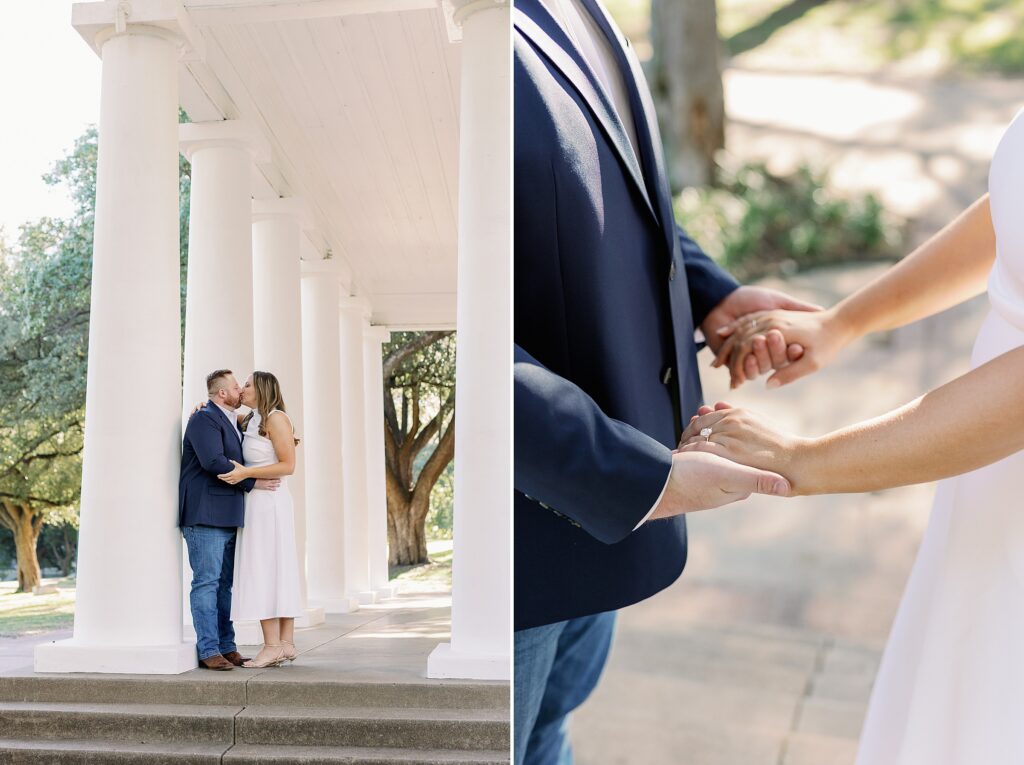 Engagement photo of Ryan and Madeline walking near the steps of Arlington Hall