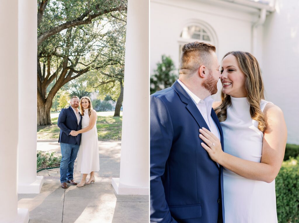 Close up of Madeline and Ryan smiling during their fall engagement session