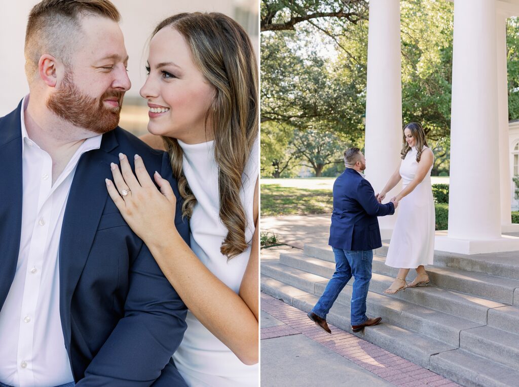 Couple laughing together during their fall engagement session in Dallas