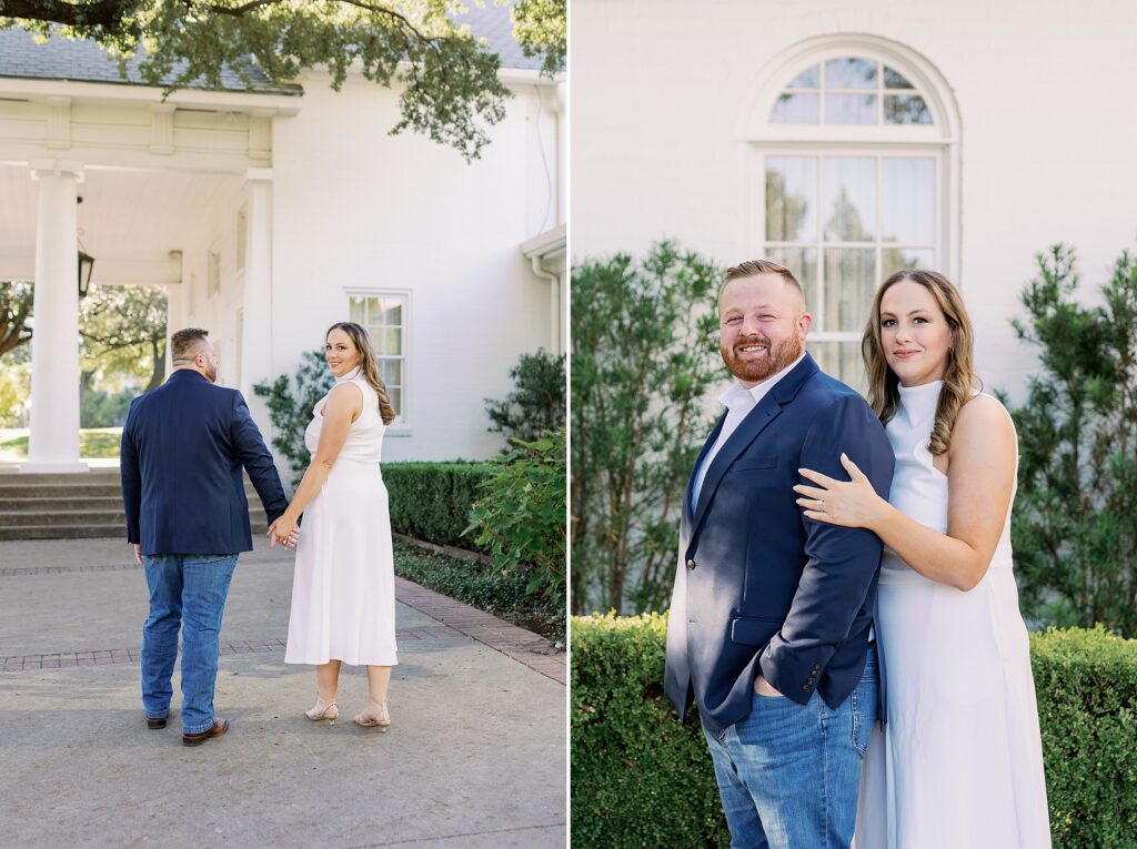 Ryan and Madeline posing in front of the white columns at Arlington Hall