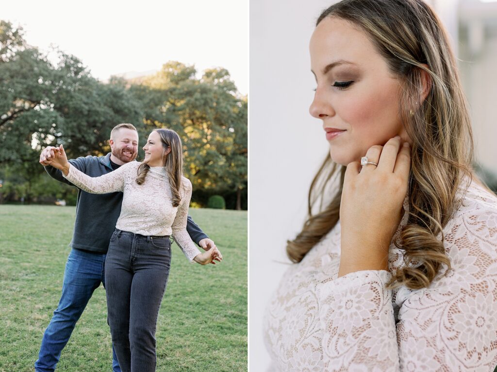Engagement portrait of Ryan in a gray pullover with Madeline in lace