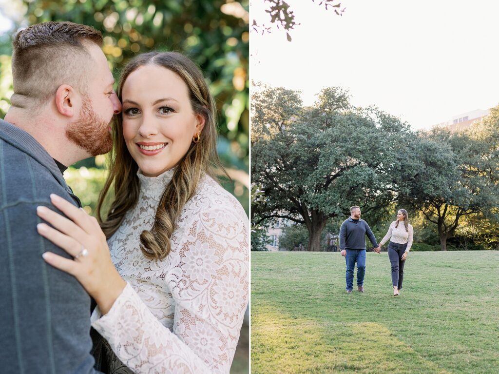Couple standing close together during golden hour at Turtle Creek